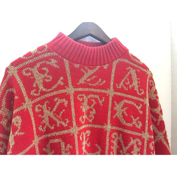 Vtg 80s Adele Boho Christmas All Over ABC Print Knit Sweater Gold/red Sz M - Picture 3 of 10